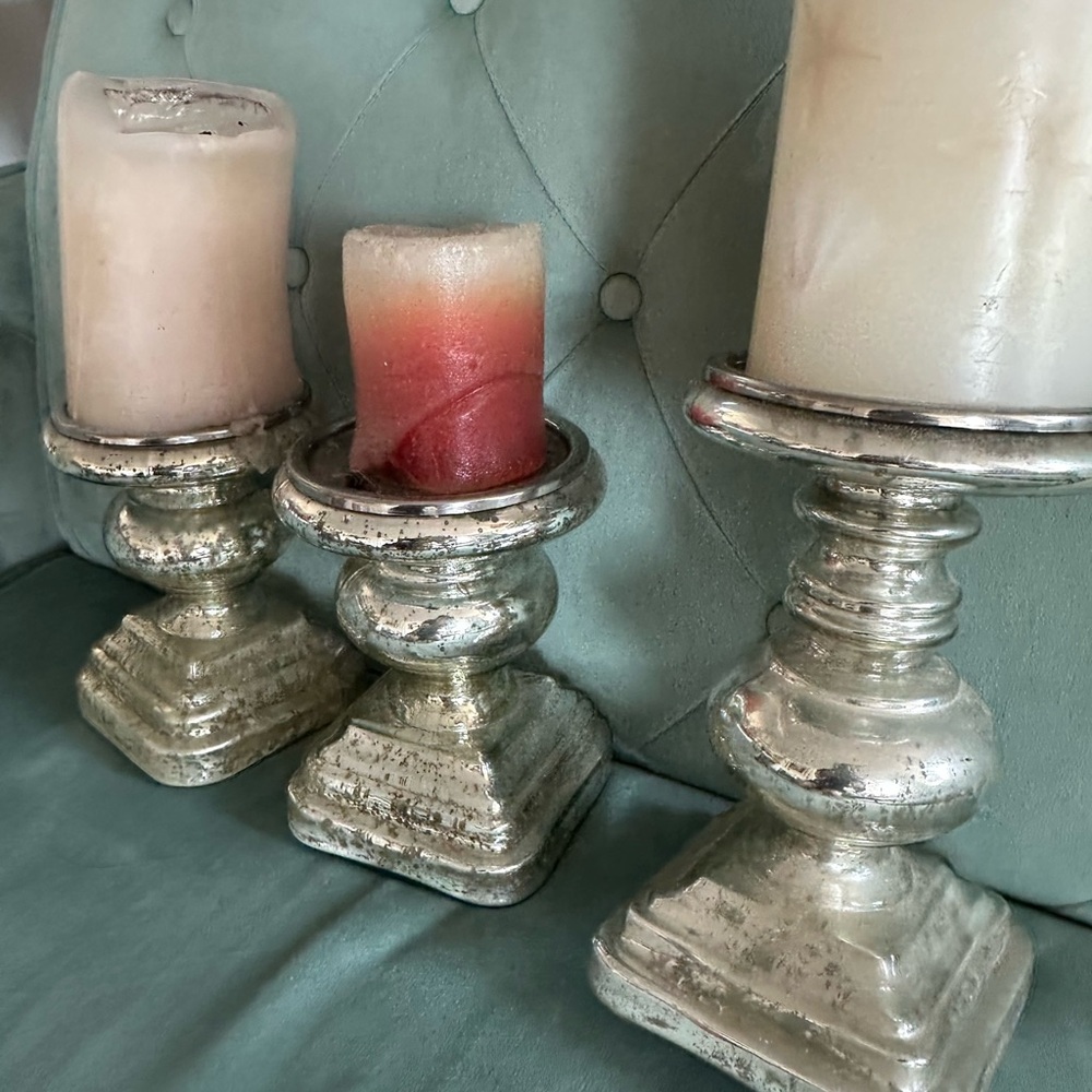 Antique Silver Mercury Glass pillar Candle Holders Set of 3